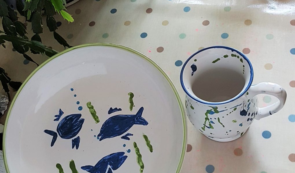 Hand painted pasta bow and matching mug in blue and green. Denby pottery