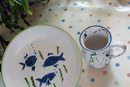 Hand painted pasta bow and matching mug in blue and green. Denby pottery