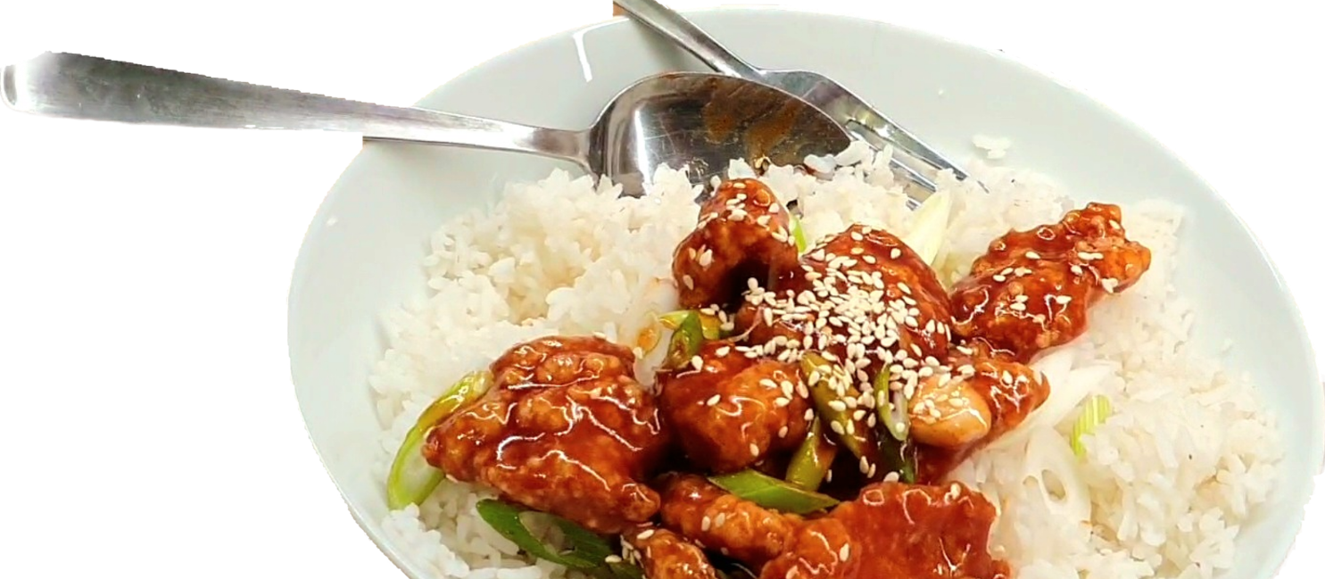 Tasty honey sesame chicken served with fluffy rice. Delicious.