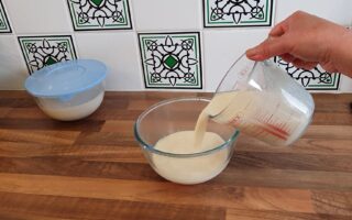 Pouring soy milk to make soy pudding