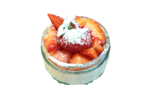 Sweet Strawberry topping, soy pudding.