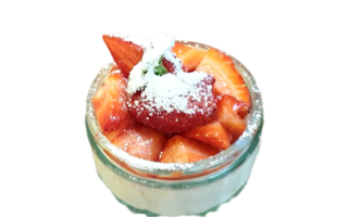 Sweet Strawberry topping, soy pudding.
