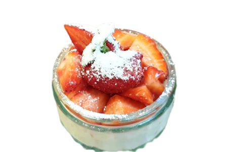 Sweet Strawberry topping, soy pudding.