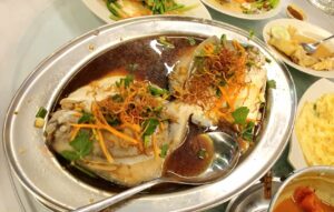 Thai Steamed Pomfret with ginger and garlic. And soy sauce.