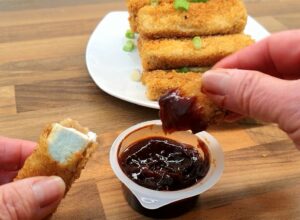 Fried tofu fingers served with BBQ sauce. Sauce is left-overs from take-away.