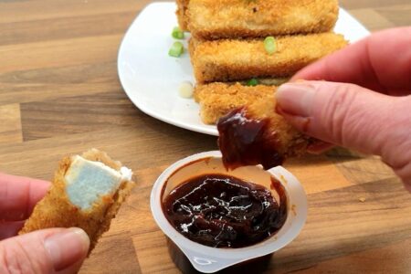 Fried tofu fingers served with BBQ sauce. Sauce is left-overs from take-away.