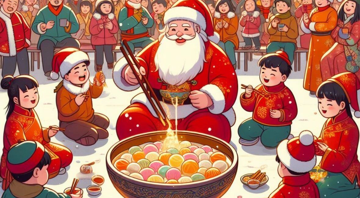 Picture showing Santa Claus serving Tang Yuen to Chinese children.