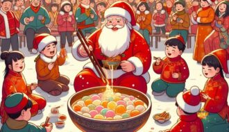 Picture showing Santa Claus serving Tang Yuen to Chinese children.