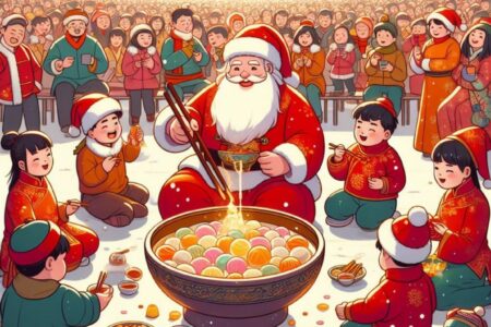 Picture showing Santa Claus serving Tang Yuen to Chinese children.